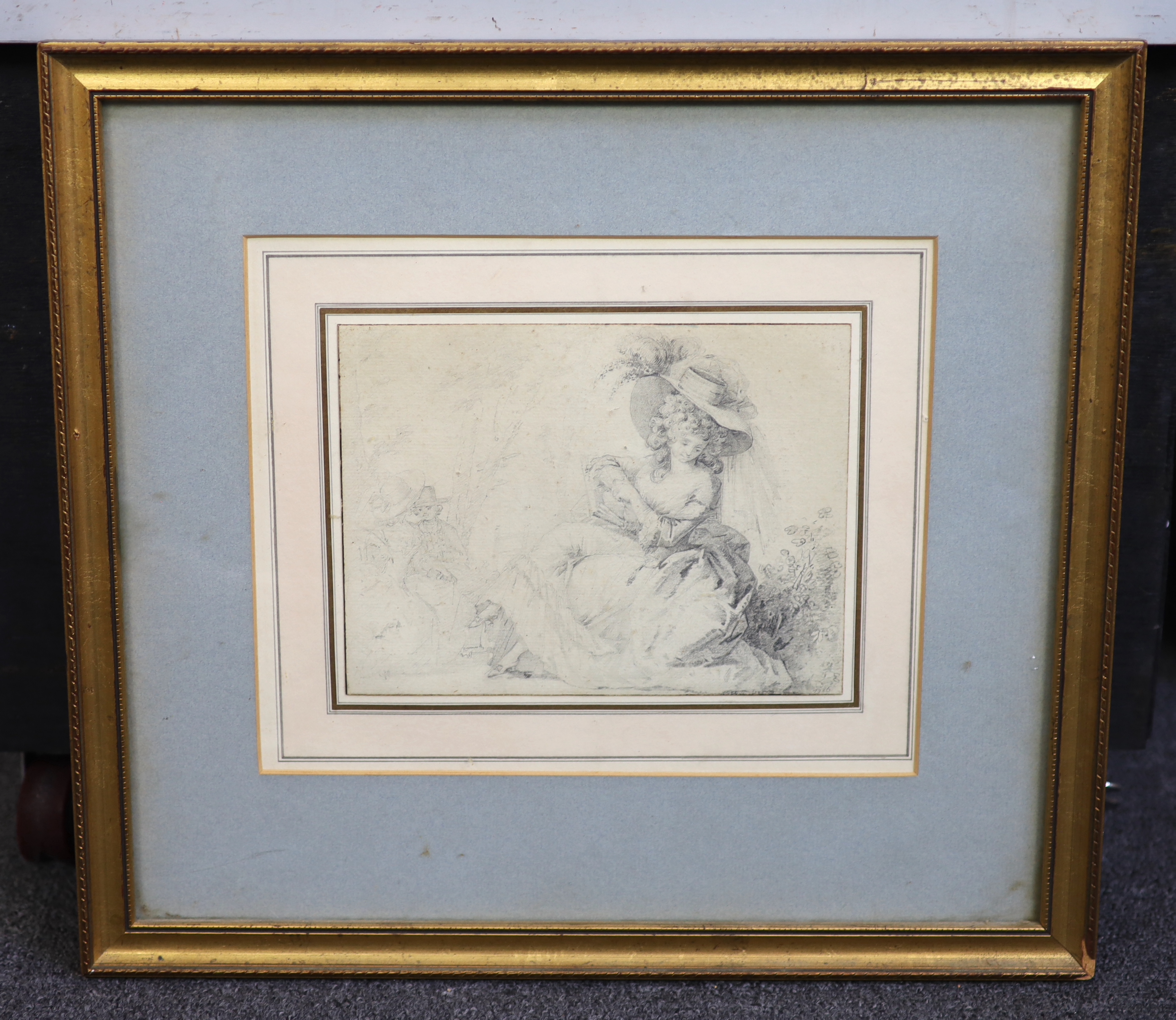 Alexandre Moitte (French, 1750-1828), A lady seated in parkland, further figures beyond, pencil on paper, 15 x 19.75cm